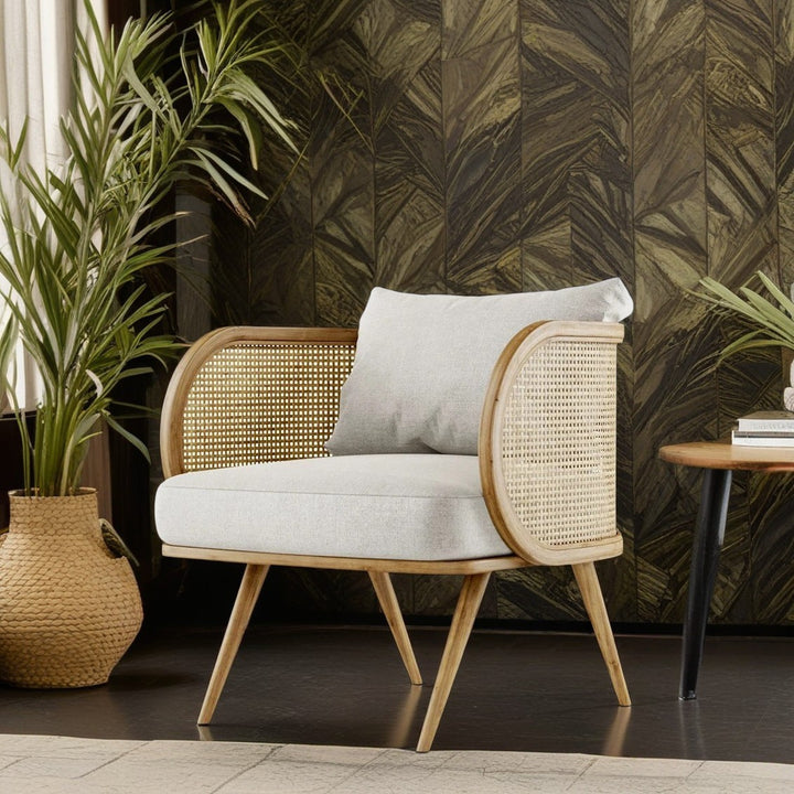 Chaise d'appoint contemporaine scandinave en tissu à dossier carré plié demi-rond en rotin et bois avec accoudoirs pour salon 