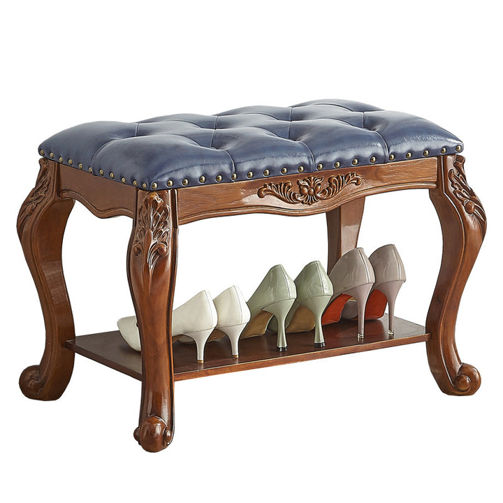 Traditional Vintage Rectangle Carved Pattern Microfiber Leather Solid Wood Medium-Density Fiberboard Shoe Bench Low Stool For Living Room
