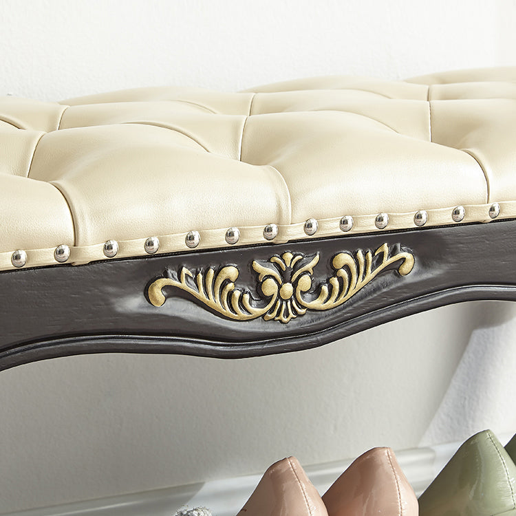 Traditional Vintage Rectangle Carved Pattern Microfiber Leather Solid Wood Medium-Density Fiberboard Shoe Bench Low Stool For Living Room