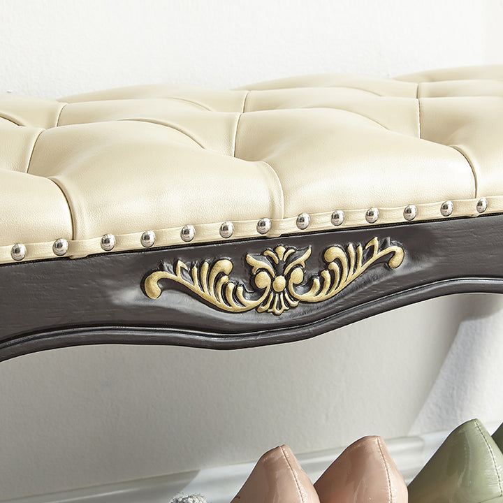 Traditional Vintage Rectangle Carved Pattern Microfiber Leather Solid Wood Medium-Density Fiberboard Shoe Bench Low Stool For Living Room