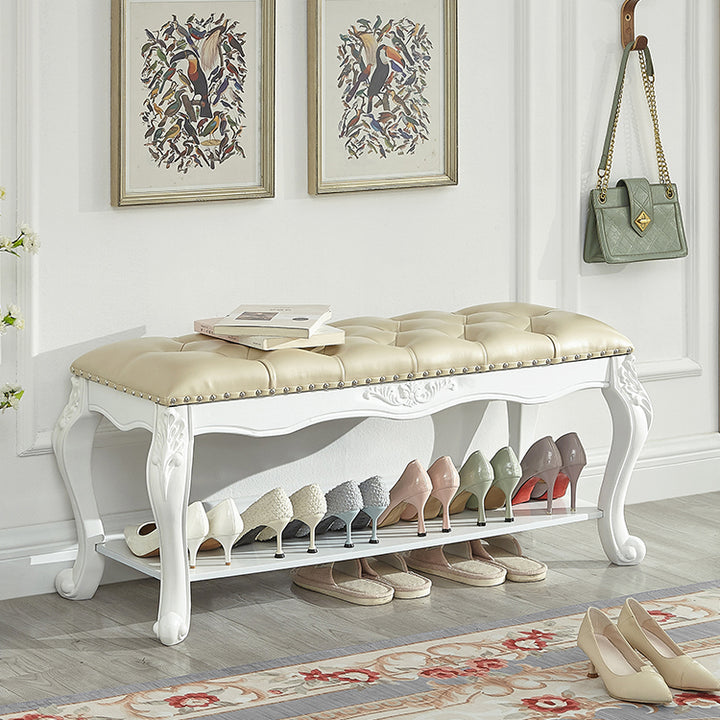 Traditional Vintage Rectangle Carved Pattern Microfiber Leather Solid Wood Medium-Density Fiberboard Shoe Bench Low Stool For Living Room