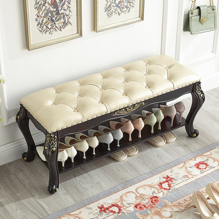 Traditional Vintage Rectangle Carved Pattern Microfiber Leather Solid Wood Medium-Density Fiberboard Shoe Bench Low Stool For Living Room