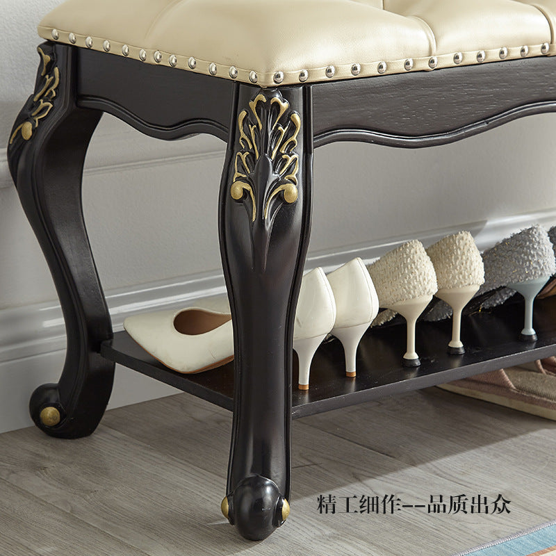 Traditional Vintage Rectangle Carved Pattern Microfiber Leather Solid Wood Medium-Density Fiberboard Shoe Bench Low Stool For Living Room
