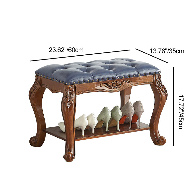 Traditional Vintage Rectangle Carved Pattern Microfiber Leather Solid Wood Medium-Density Fiberboard Shoe Bench Low Stool For Living Room