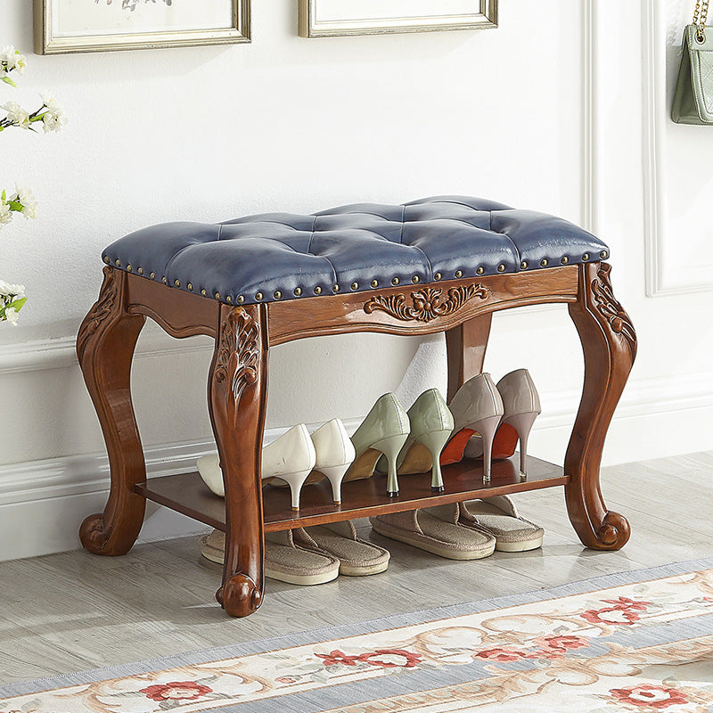 Traditional Vintage Rectangle Carved Pattern Microfiber Leather Solid Wood Medium-Density Fiberboard Shoe Bench Low Stool For Living Room