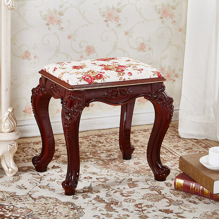 Tabouret bas rectangulaire en résine ABS avec motif sculpté vintage traditionnel, en cuir microfibre velours, pour salon 