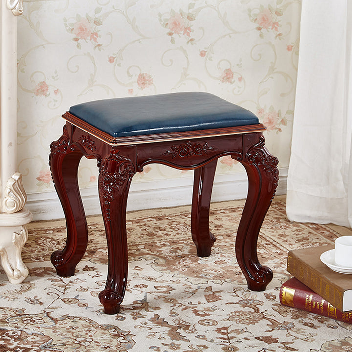 Tabouret bas rectangulaire en résine ABS avec motif sculpté vintage traditionnel, en cuir microfibre velours, pour salon 