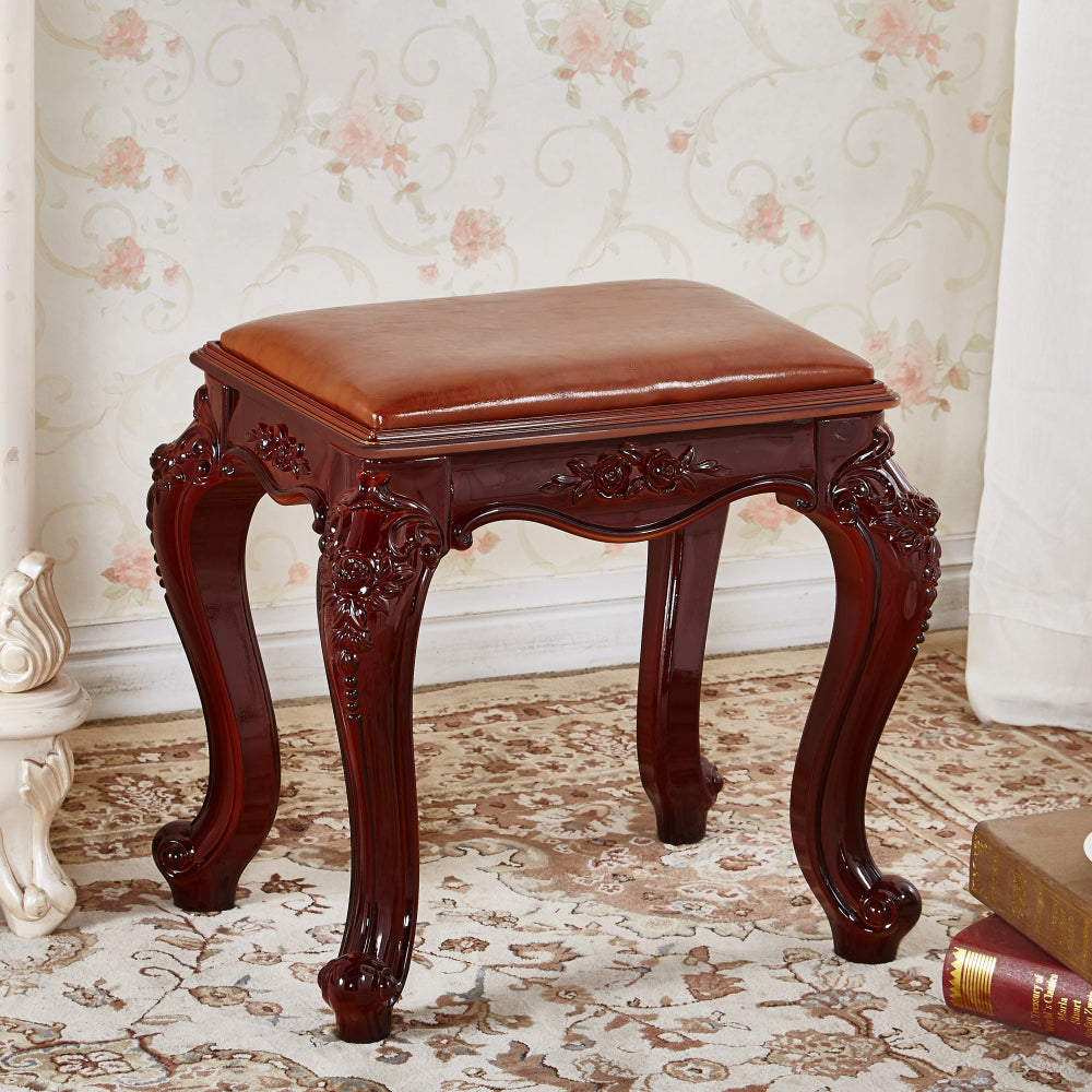 Tabouret bas rectangulaire en résine ABS avec motif sculpté vintage traditionnel, en cuir microfibre velours, pour salon 