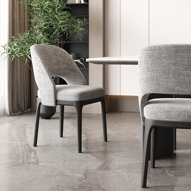 Contemporary Scandinavian Arc Hollow Square Cotton Linen Solid Wood Dining Chair Backrest Armless For Dining Room