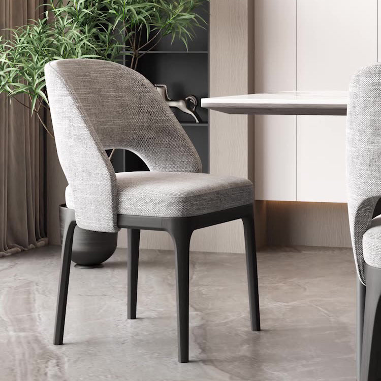 Contemporary Scandinavian Arc Hollow Square Cotton Linen Solid Wood Dining Chair Backrest Armless For Dining Room