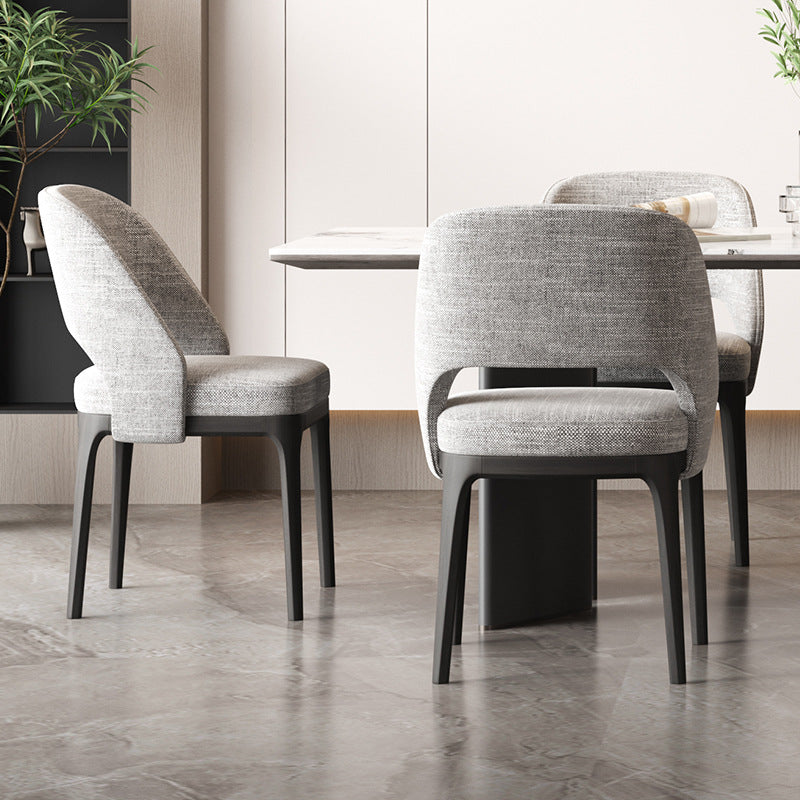 Contemporary Scandinavian Arc Hollow Square Cotton Linen Solid Wood Dining Chair Backrest Armless For Dining Room