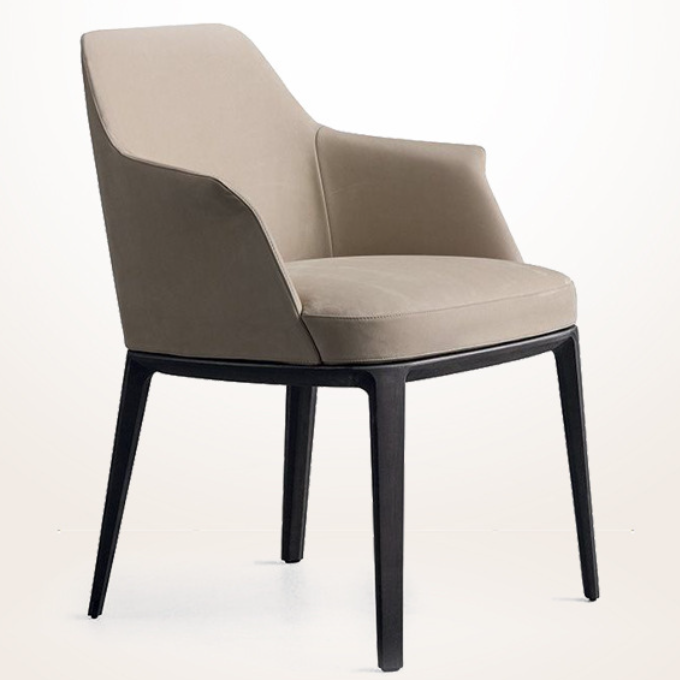 Contemporary Scandinavian Trapezoidal Square Curved Leather Solid Wood Dining Chair Backrest Armrest For Dining Room