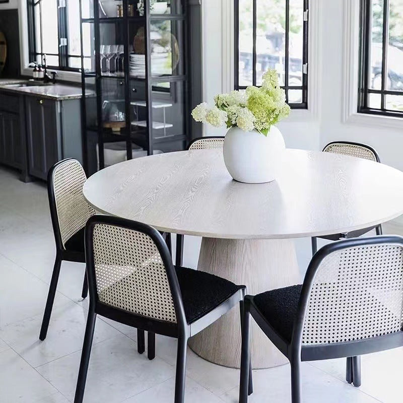 Traditional Chinese Square Round Sleek Hollow Linen Sherpa Fabric Leather Rattan Solid Wood Dining Chair Backrest Armless For Dining Room