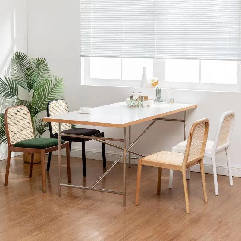 Traditional Chinese Square Round Sleek Hollow Linen Sherpa Fabric Leather Rattan Solid Wood Dining Chair Backrest Armless For Dining Room