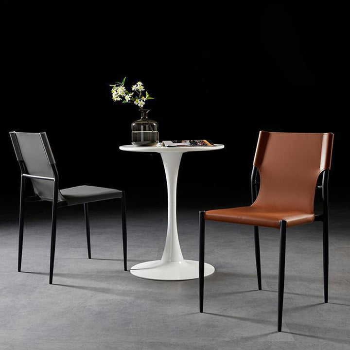 Contemporary Scandinavian Hard Leather Square Faux Saddle Synthetic leather Carbon Steel Metal Dining Chair Backrest For Dining Room