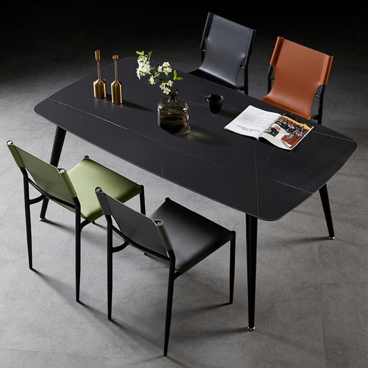 Contemporary Scandinavian Hard Leather Square Faux Saddle Synthetic leather Carbon Steel Metal Dining Chair Backrest For Dining Room
