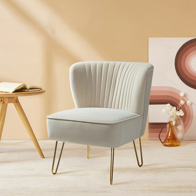 Modern Luxury Curved Pleat Square Velvet Wood Metal Accent Chair Backrest Armless For Living Room