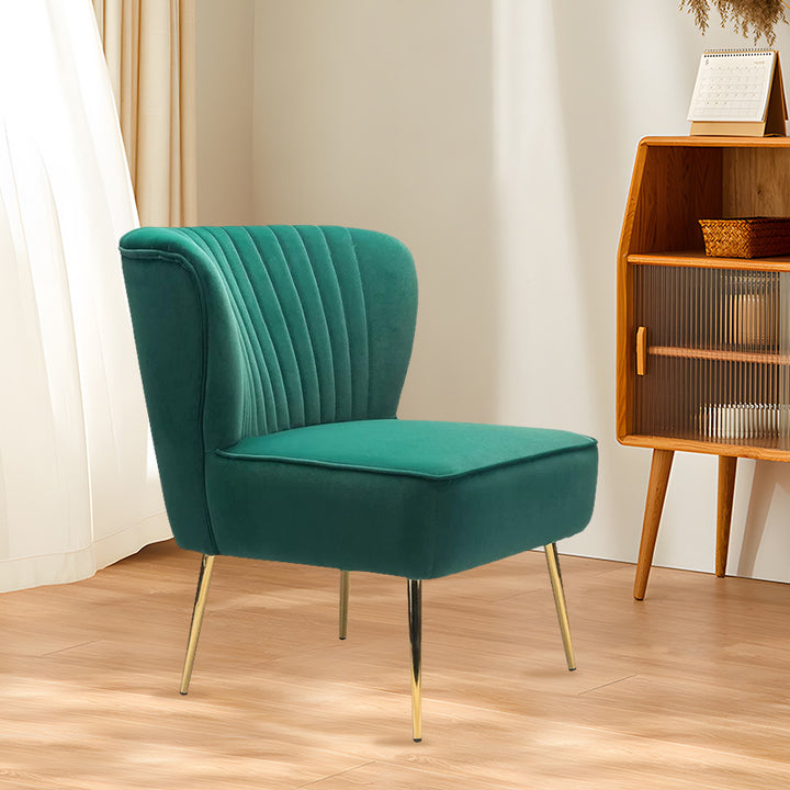 Chaise d'appoint sans accoudoirs pour salon en bois et métal avec dossier carré en velours à plis courbes moderne et luxueux 