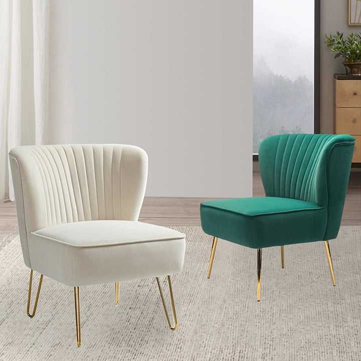 Chaise d'appoint sans accoudoirs pour salon en bois et métal avec dossier carré en velours à plis courbes moderne et luxueux 