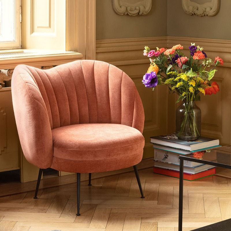 Traditional French Curved Round Lambswool Fabric Metal Accent Chair Backrest Armless For Living Room