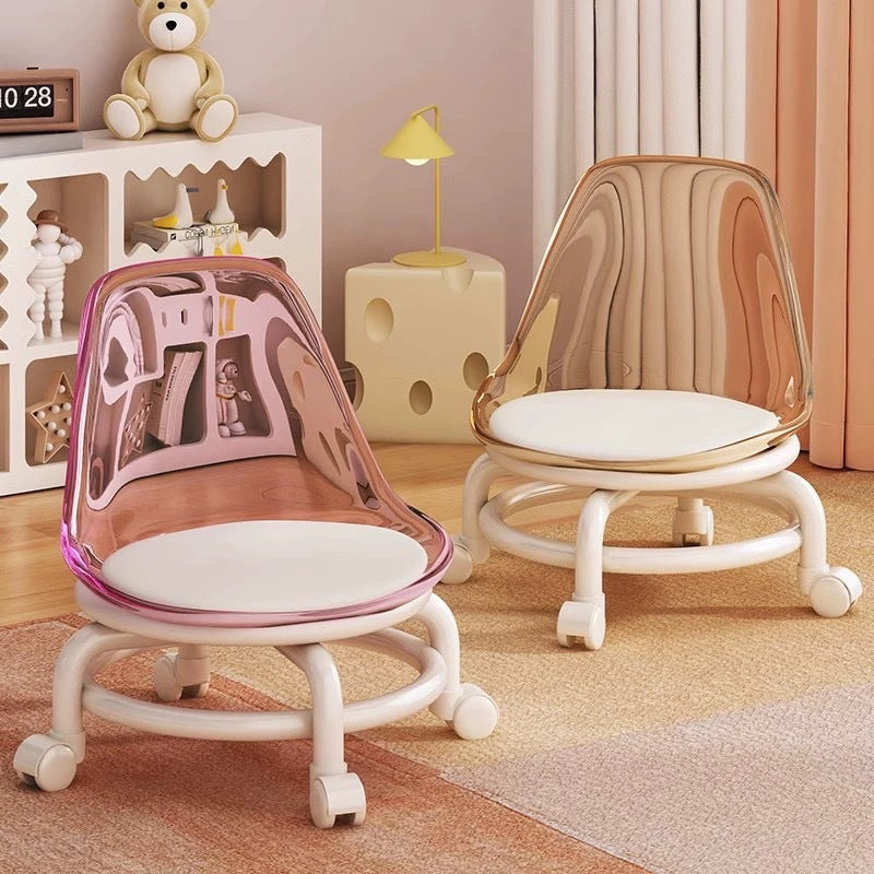 Zeitgenössischer skandinavischer Kinderhocker aus Acryl, Leder, Schwamm und Metall, rund, niedriger Hocker mit Rückenlehne, beweglich für das Wohnzimmer 