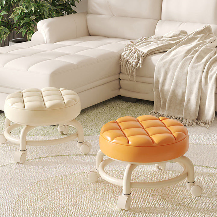 Modern Simplicity Faux Leather Wood Metal Sponge Round Checkered Low Stool Backrest Movable For Living Room