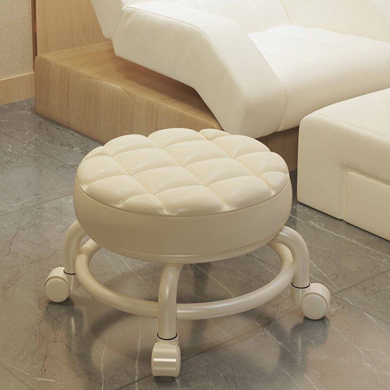 Modern Simplicity Faux Leather Wood Metal Sponge Round Checkered Low Stool Backrest Movable For Living Room
