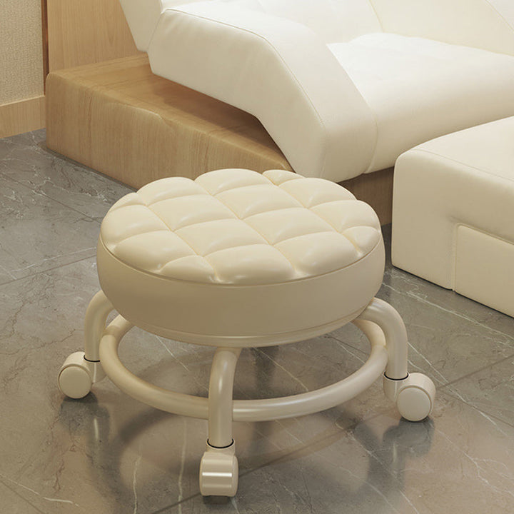 Modern Simplicity Faux Leather Wood Metal Sponge Round Checkered Low Stool Backrest Movable For Living Room
