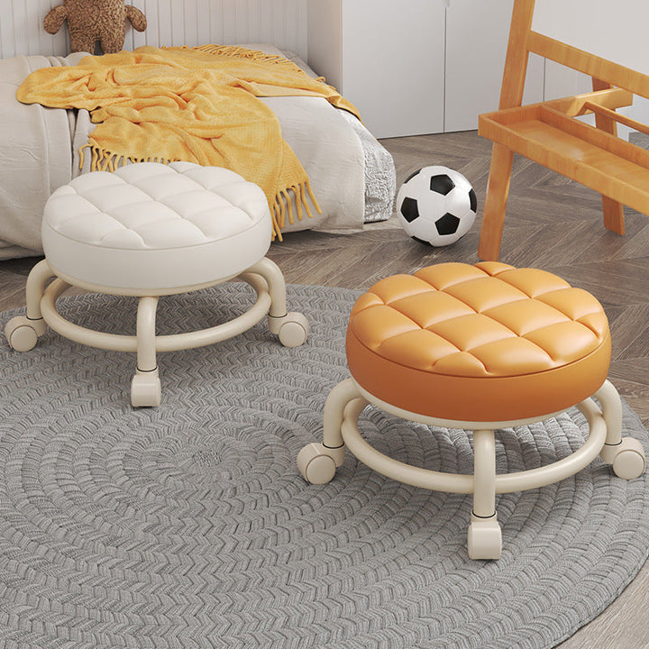 Modern Simplicity Faux Leather Wood Metal Sponge Round Checkered Low Stool Backrest Movable For Living Room