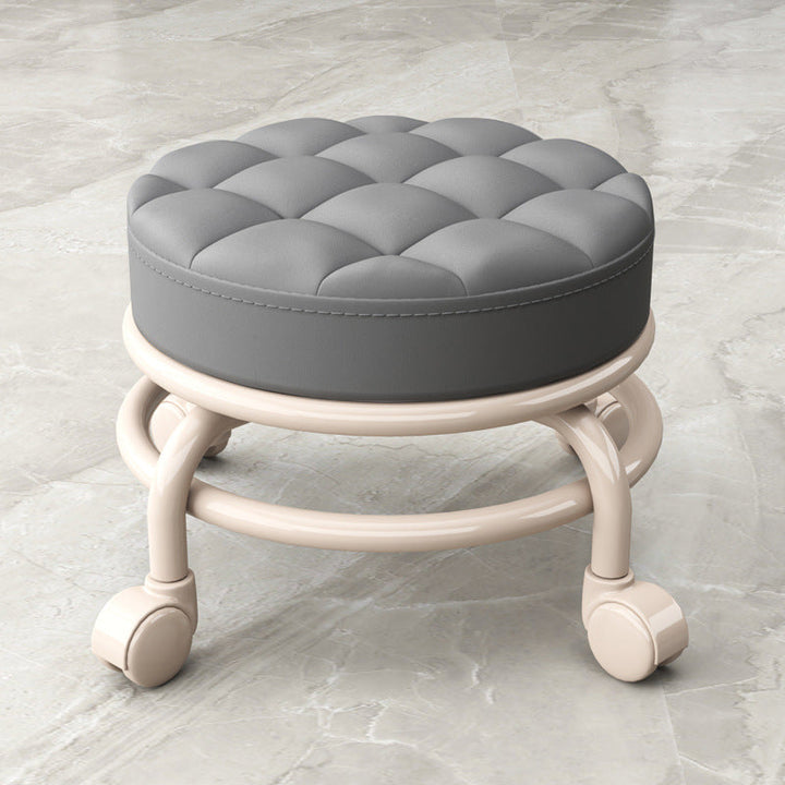 Modern Simplicity Faux Leather Wood Metal Sponge Round Checkered Low Stool Backrest Movable For Living Room