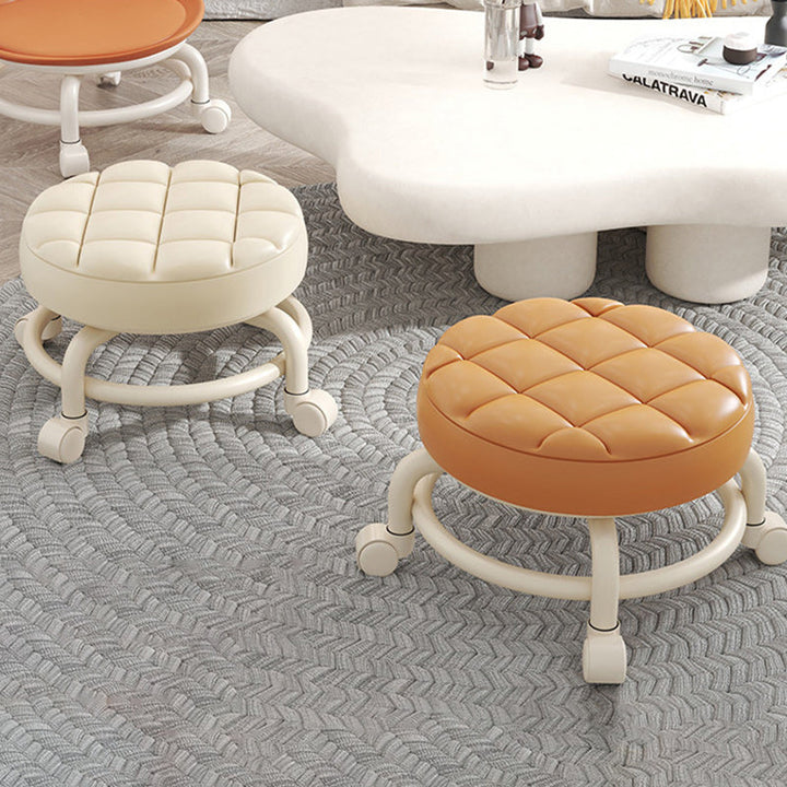 Modern Simplicity Faux Leather Wood Metal Sponge Round Checkered Low Stool Backrest Movable For Living Room