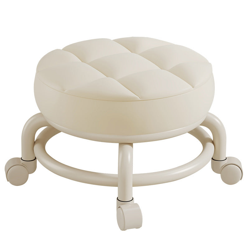 Modern Simplicity Faux Leather Wood Metal Sponge Round Checkered Low Stool Backrest Movable For Living Room