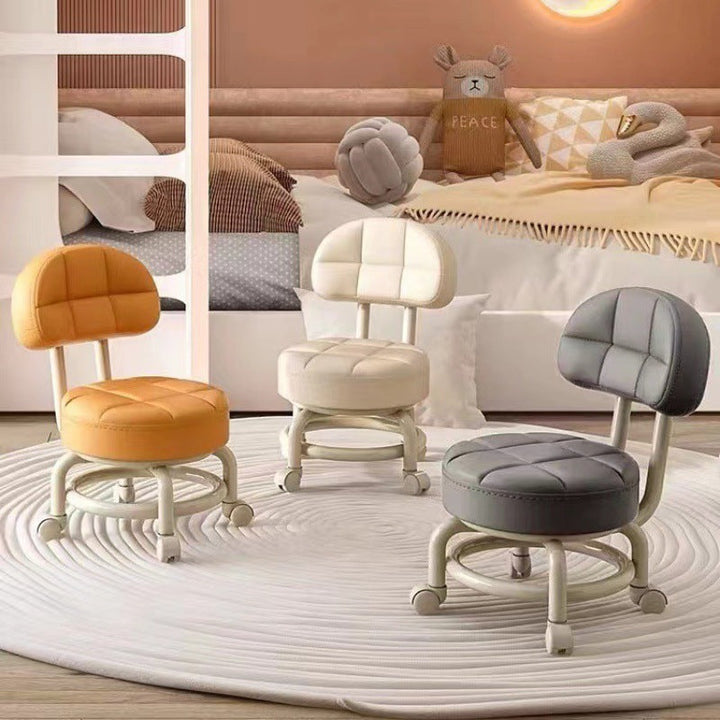 Modern Simplicity Faux Leather Wood Metal Sponge Round Checkered Low Stool Backrest Movable For Living Room