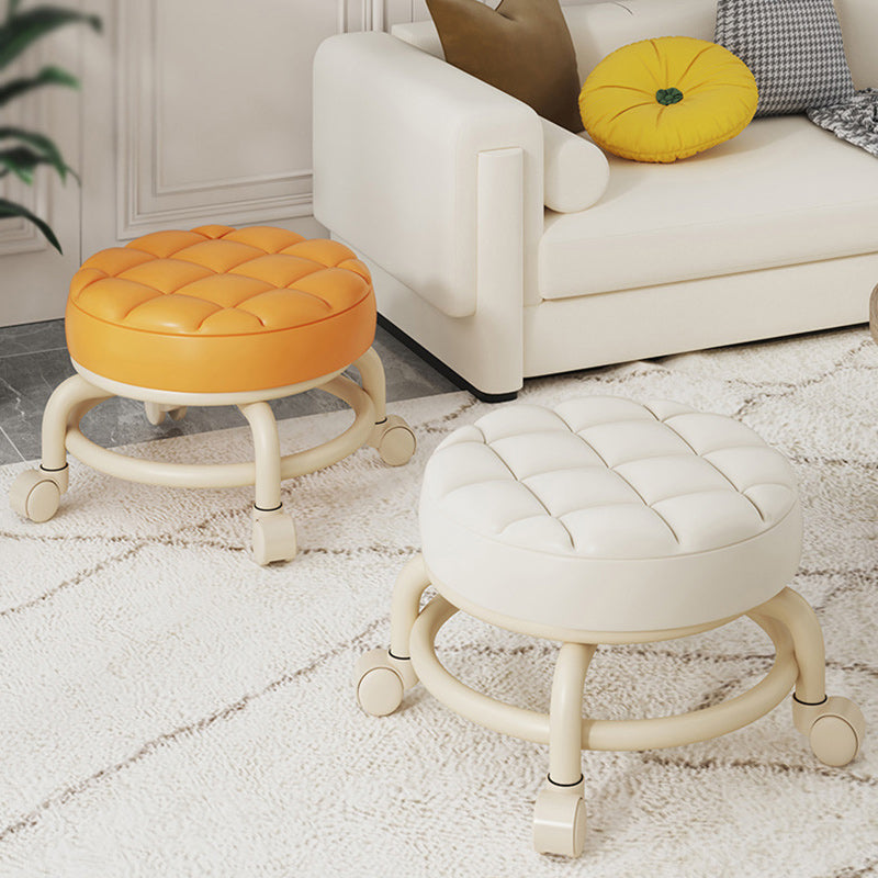 Modern Simplicity Faux Leather Wood Metal Sponge Round Checkered Low Stool Backrest Movable For Living Room