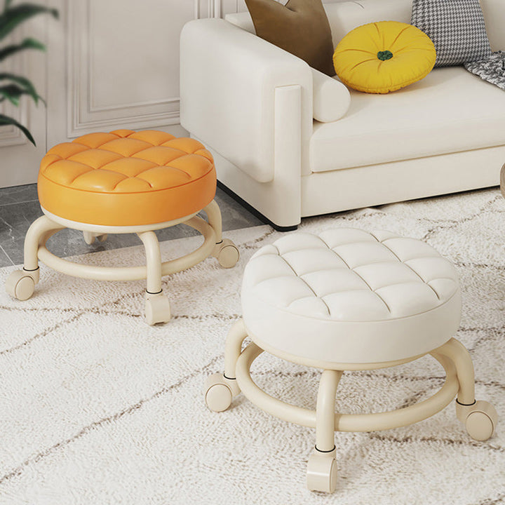 Modern Simplicity Faux Leather Wood Metal Sponge Round Checkered Low Stool Backrest Movable For Living Room
