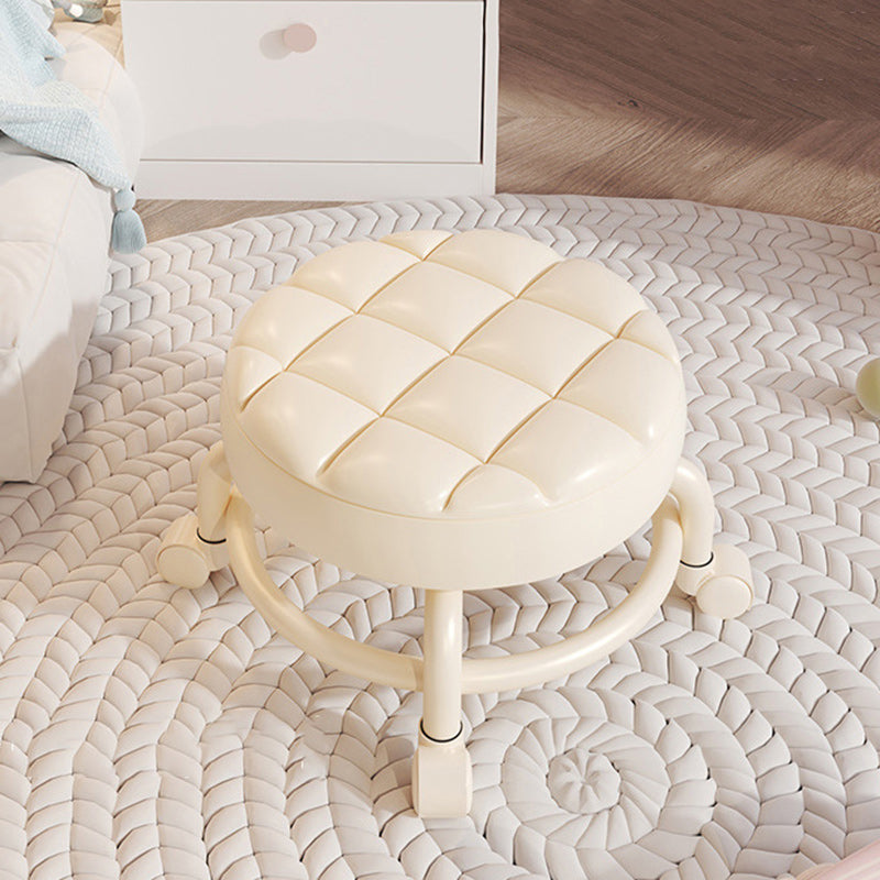 Modern Simplicity Faux Leather Wood Metal Sponge Round Checkered Low Stool Backrest Movable For Living Room