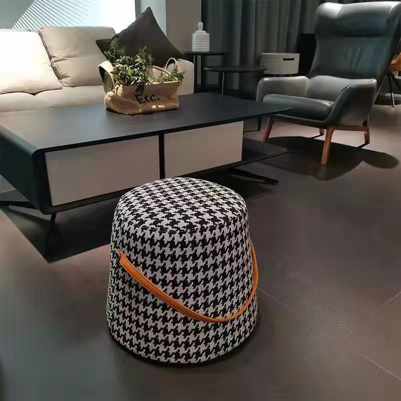 Contemporary Nordic Fabric Velvet Wood Sponge Round Cylinder Footstool Portable For Entryways