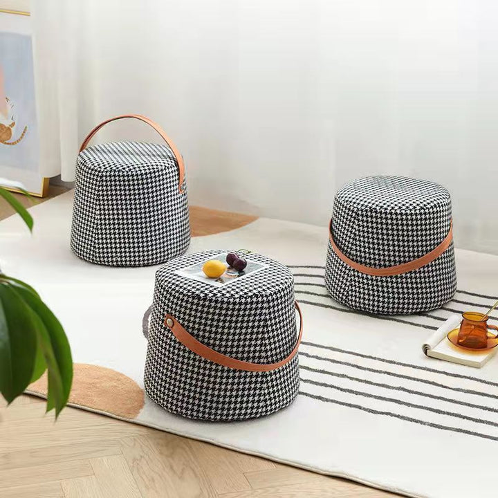 Contemporary Nordic Fabric Velvet Wood Sponge Round Cylinder Footstool Portable For Entryways