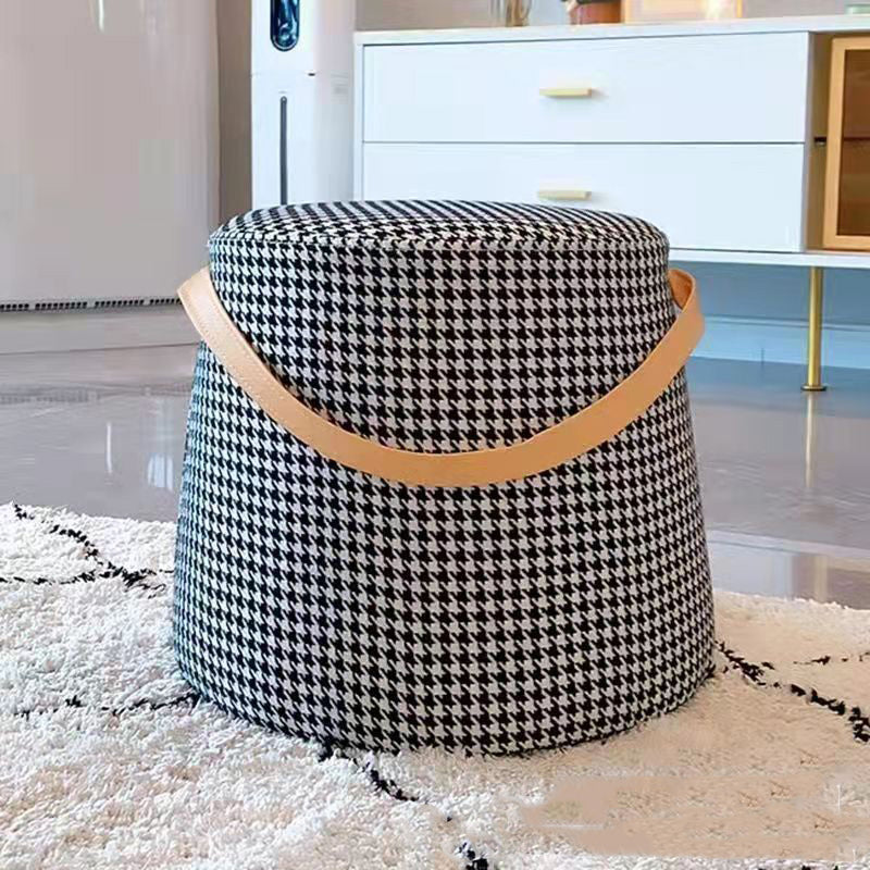 Contemporary Nordic Fabric Velvet Wood Sponge Round Cylinder Footstool Portable For Entryways