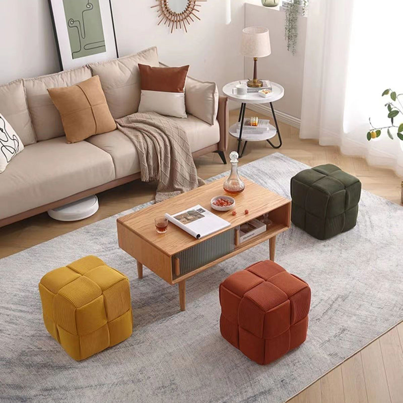 Taburete bajo rectangular de cubo de esponja de madera de pana escandinavo contemporáneo para sala de estar 