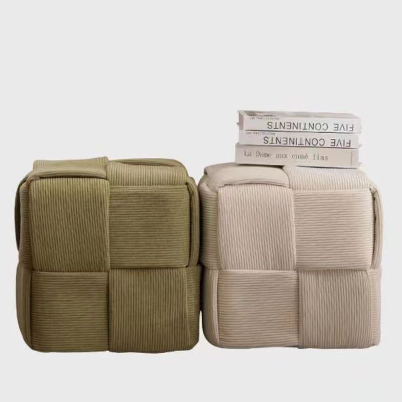 Taburete bajo rectangular de cubo de esponja de madera de pana escandinavo contemporáneo para sala de estar 