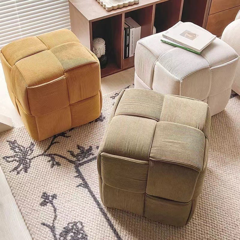 Taburete bajo rectangular de cubo de esponja de madera de pana escandinavo contemporáneo para sala de estar 