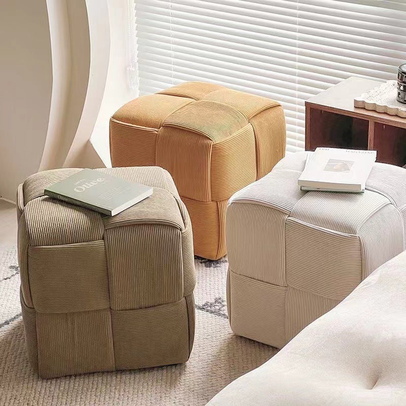Taburete bajo rectangular de cubo de esponja de madera de pana escandinavo contemporáneo para sala de estar 