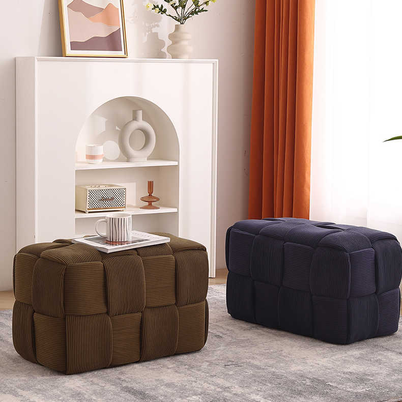 Taburete bajo rectangular de cubo de esponja de madera de pana escandinavo contemporáneo para sala de estar 
