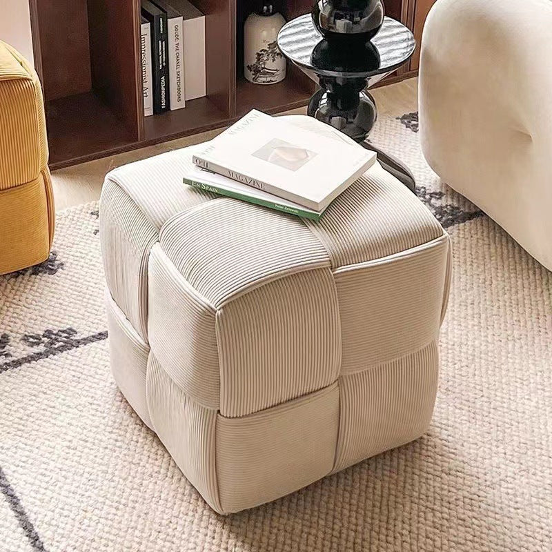 Taburete bajo rectangular de cubo de esponja de madera de pana escandinavo contemporáneo para sala de estar 