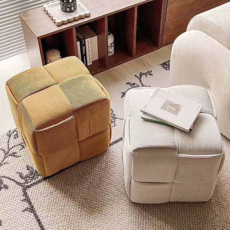Taburete bajo rectangular de cubo de esponja de madera de pana escandinavo contemporáneo para sala de estar 