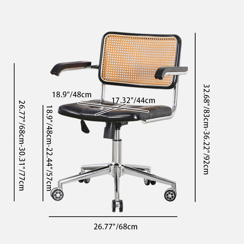 Zeitgenössischer Retro-Webstuhl Rattan PU Stahllegierung Hebbarer quadratischer Schreibtischstuhl Rückenlehne für Home Office 