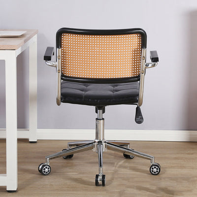 Zeitgenössischer Retro-Webstuhl Rattan PU Stahllegierung Hebbarer quadratischer Schreibtischstuhl Rückenlehne für Home Office 