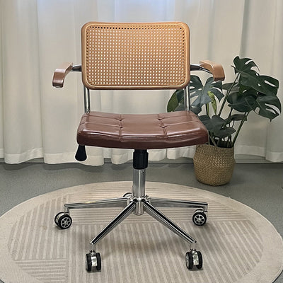 Zeitgenössischer Retro-Webstuhl Rattan PU Stahllegierung Hebbarer quadratischer Schreibtischstuhl Rückenlehne für Home Office 