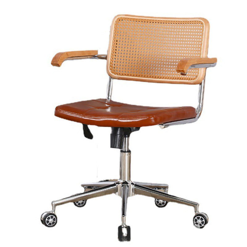 Zeitgenössischer Retro-Webstuhl Rattan PU Stahllegierung Hebbarer quadratischer Schreibtischstuhl Rückenlehne für Home Office 